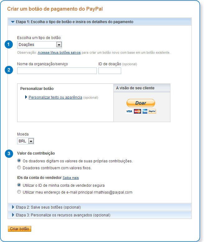 Passo 5: página Criar um botão de pagamento do PayPal Campos-chave: 5.1 Tipo de botão 5.2 Nome da organização/serviço 5.