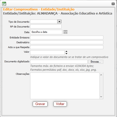 O formulário de carregamento de comprovativos (Fig.12) é praticamente igual ao de carregamento de outros documentos.