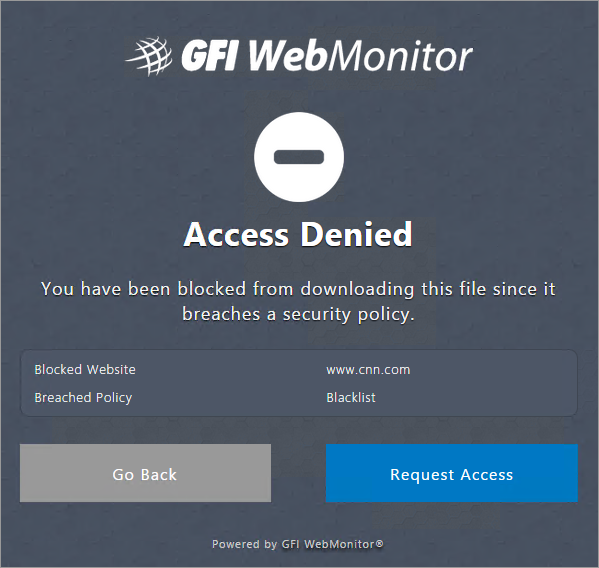 Screenshot 1: Aviso de que a página solicitada foi bloqueada pelo GFI WebMonitor Se o aviso acima for exibido, isso significa que a instalação do GFI WebMonitor está funcionando corretamente.