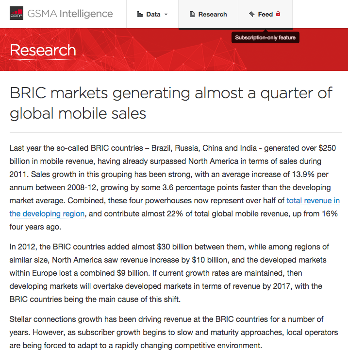 Mercados BRIC geram quase um quarto das vendas globais em telefonia móvel No ano passado, os chamados países do BRIC - Brasil, Rússia, China e Índia - geraram mais de US $ 250 bilhões em receita com