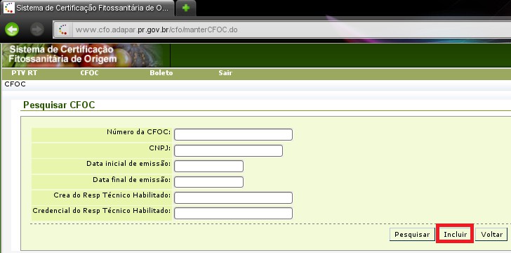 Na sequência, será aberta a tela Incluir CFOC, onde o RT informará os dados que constarão no documento: Ao preencher o CNPJ da Unidade de Consolidação (UC) para a qual o CFOC será emitido, o SCFO