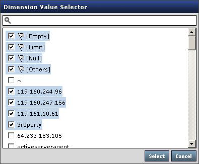Para incluir alores somente de uma lista de desbloqueio especificada, selecione Whitelisted Values. 5. O Seletor de Valor de Dimensão é exibido: Figura 26.