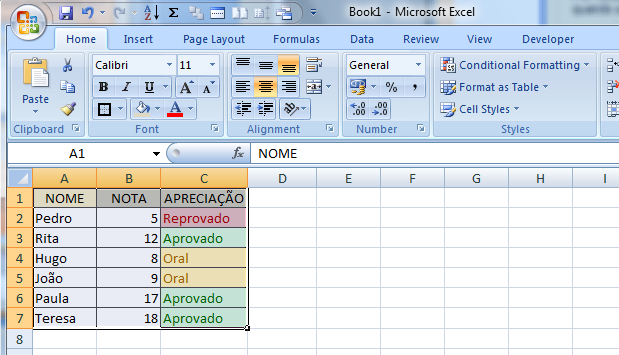 A tabela ficará com a seguinte aparência: Se alterarmos uma das notas, o Excel vai alterar automaticamente a formatação da célula da
