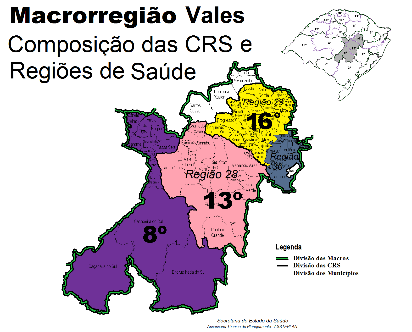 Figura 8. Macrorregião Vales Composta pela 8ª, 13 ª e 16ª CRS s e as seguintes Regiões de Saúde: 27, 28, 29 e 30. População do Rio Grande do Sul: Em 2010, a população do RS atingiu 10.639.