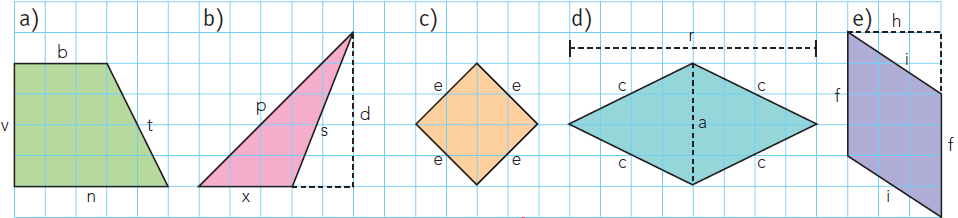 9) Considere as regiões abaixo sabendo que as medidas estão indicadas em metros. Para cada uma delas, escreva a fórmula do perímetro (em metros) e da área (em metros quadrados).