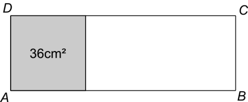 14) A região cinza na figura é um quadrado de área 6 cm² que corresponde a da área do retângulo ABCD. Qual é o perímetro desse retângulo? 8 a) 44 cm b) 46 cm c) 48 cm d) 50 cm e) 5 cm alternativa a.
