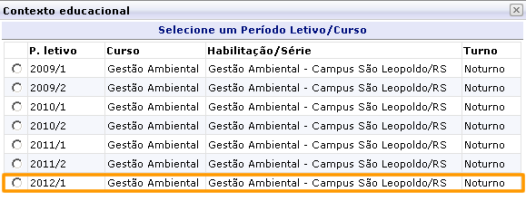 A primeira tela será a de escolha do ciclo letivo [8]. Selecione o semestre vigente, para que sejam mostradas as suas disciplinas e respectivas turmas-disciplinas.