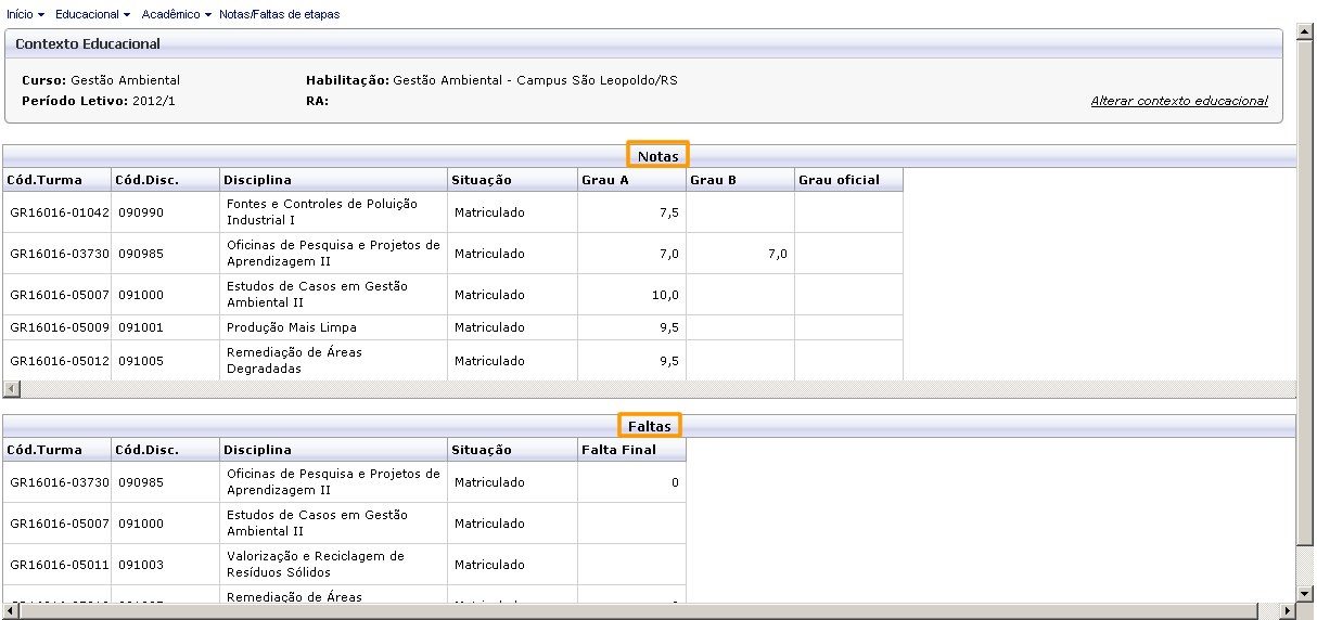 4. Notas/faltas por etapa Por meio do atalho do Minha Unisinos ou pelo menu Notas/faltas por etapas do portal