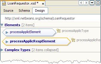 Para adicionar elementos globais: 1. Na seção XML Components da Paleta, selecione o ícone Element e arraste sua seleção sobre o nodo Elements da área de design.