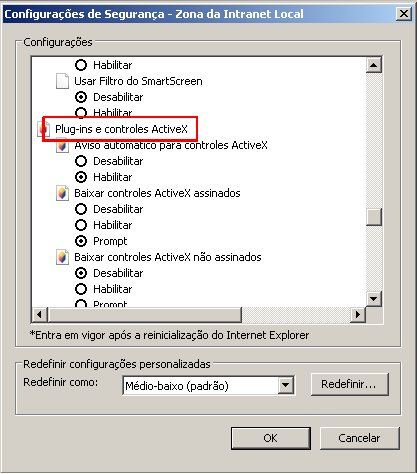 7. Verifique se os itens abaixo desse tópico estão configurados conforme a seguir: Aviso automático para controles ActiveX Baixar controles ActiveX assinados Baixar controles ActiveX não assinados