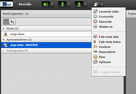 2) Durante a reunião os demais participantes podem interagir, sem interromper o apresentador, com os botões abaixo que define o status dos integrantes.