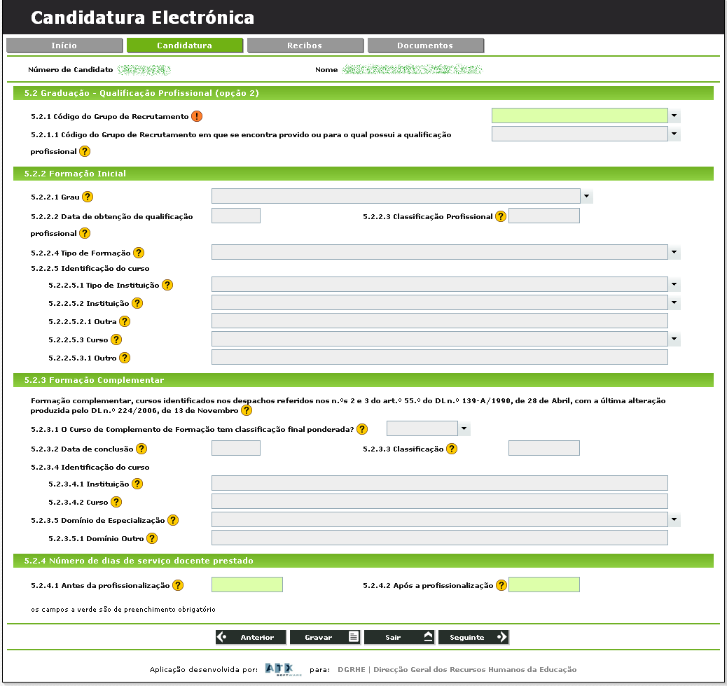 Concurso Anual d Educadors d Infância d Profssors dos Ensinos Básico Scundário 5.2 Graduação Qualificação Profissional (opção 2) Imagm 10 - Ecrã da Graduação do Candidato (2.