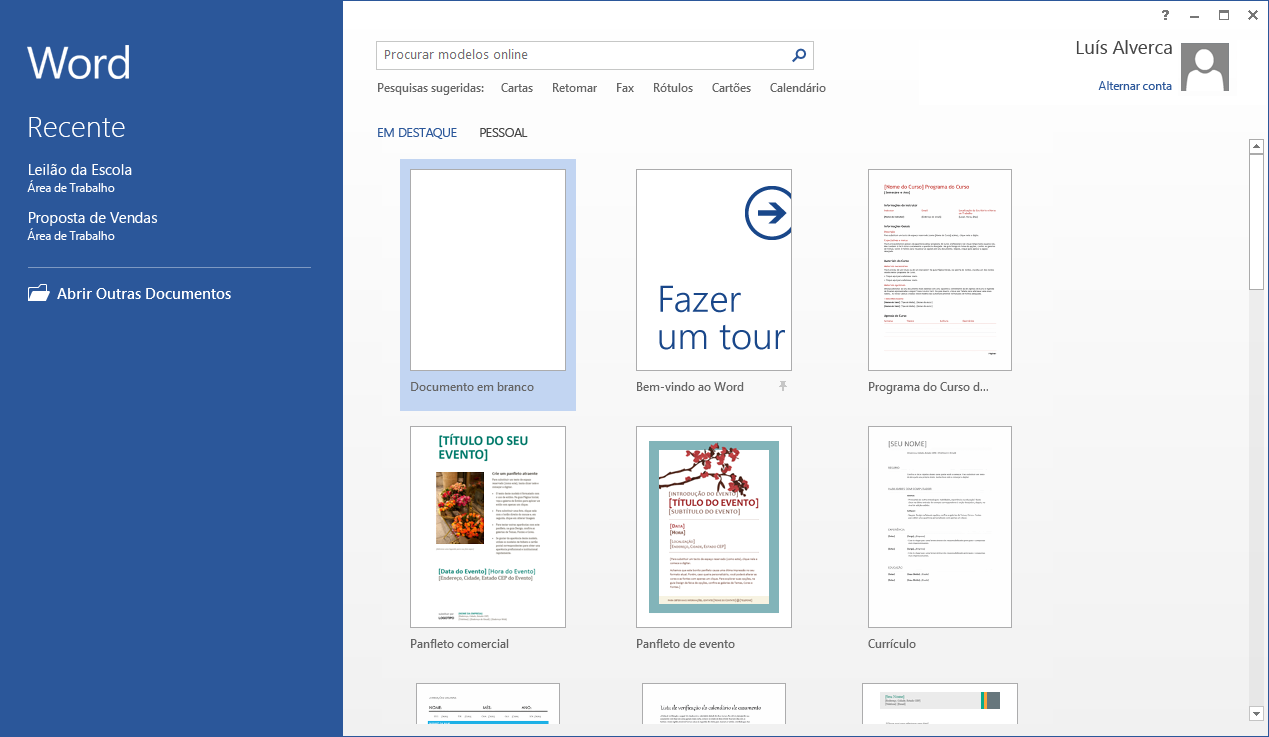 Guia de Introdução Na primeira vez que abrir o Word 2013, verá que tem várias opções para começar a utilizá-lo pode utilizar um modelo, um ficheiro recente ou um documento em branco.