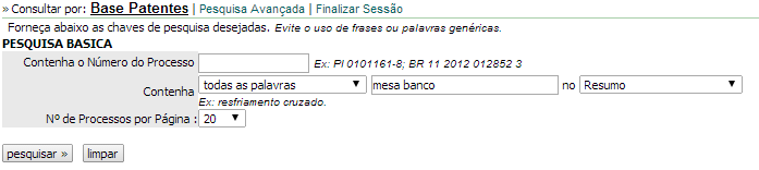 Neste exemplo, na opção todas as palavras, foram usados os termos banco e mesa no campo resumo.