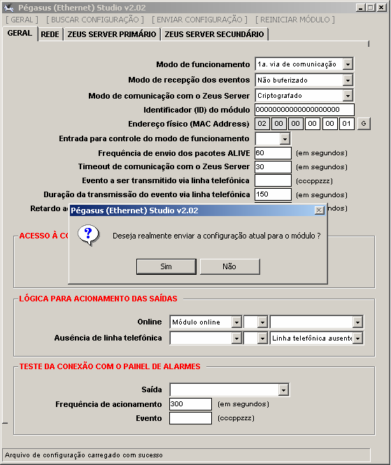 PÉGASUS (ETHERNET) STUDIO V2.02 - MANUAL DE INSTALAÇÃO E OPERAÇÃO 8 Você será agora questionado se deseja salvar a configuração atual para arquivo.