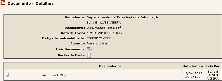 No primeiro quadro temos as informações detalhadas do documento: Remetente, Documento, Data de Envio, Código de Rastreabilidade, Assunto, Abrir Documento e Recibo de Envio.