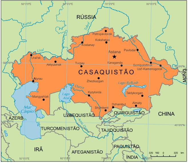 Dados Básicos Localiza-se na Ásia Central e faz fronteiras com a Rússia, China, Quirguistão, Uzbesquistão e Turcomenistão, além do mar Cáspio.