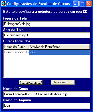 4.7.5 Botão Inserir Curso Este botão é o responsável pela inclusão do curso listado no campo de Texto Nome do Curso, com o endereço do arquivo contido no campo Nome do Arquivo, diretamente no campo