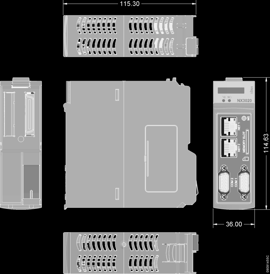 NX3010, NX3020 e NX3030 Dimensões em mm. Instalação Todas as informações sobre instalação elétrica, montagem mecânica e inserção de módulo encontram-se no Manual de Utilização MU214000.