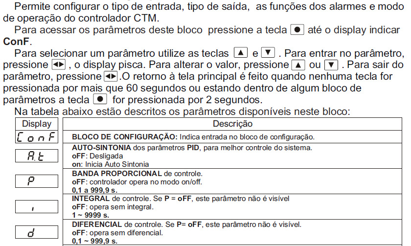 9 4.2.3 Início de Operação no Controlador CTM45 4.2.4 Tela Principal do Controlador CTM45 4.2.5 Parametrização no Controlador CTM45 Nesta atividade, nós só iremos trabalhar com o Bloco de Parâmetros Configuração.