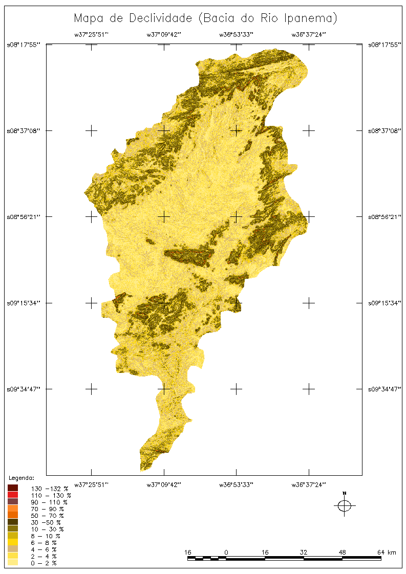 Os valores de declividade na bacia do rio Ipanema estão representados pelo mapa de declividade apresentado na Figura 4.