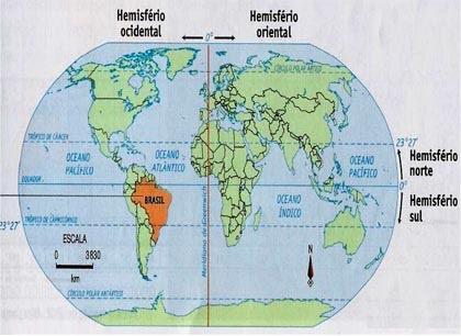 A. Localização do território brasileiro quanto aos HEMISFÉRIOS O Brasil localiza-se totalmente no hemisfério