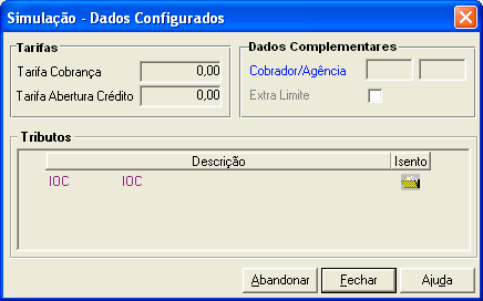 Botão Dados Configurados: Figura 114 Simulação Dados Configurados Tarifa Cobrança - Valor das tarifas de cobrança para os títulos em cobrança.
