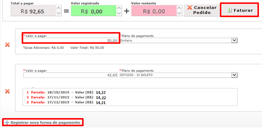 Veja que se não selecionar o valor total, o sistema exibirá ainda um Valor restante, que indica que ainda há valores a serem pagos. No exemplo acima, ainda resta R$ 42,65 a serem pagos.