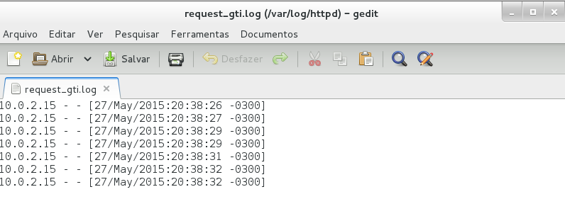 Após isso iremos salvar o arquivo e reinicar o servidor. Agora iremos abrir o arquivo log com os seguintes comandos..:: etc/httpd/logs [root@localhost /]# gedit request_gti.