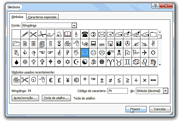 Inserindo Símbolos Também podemos inserir alguns símbolos no Word 2010, que podem dar destaque a determinadas partes do documento. São símbolos que não constam no teclado.
