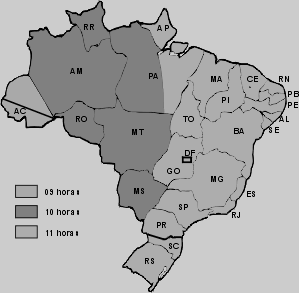 E) os moradores de Fernando de Noronha não serão afetados pelas mudanças e continuarão inseridos no primeiro fuso horário brasileiro. 27) Analise o mapa de fusos horários do Brasil. Fonte: http://www.