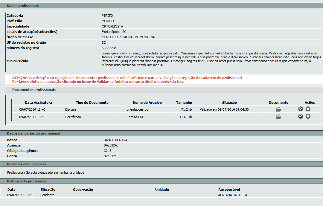 Imagem 17: Tela de validação dos dados cadastrais do profissional. Nesta tela são mostrados os documentos pessoais e os documentos profissionais de cada profissão cadastrada.