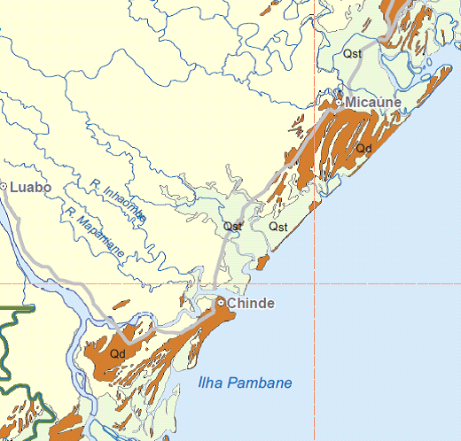 Figura 14: Mapa geológico de Quelimane, Zalala e área Inhassunge 19 A geologia de Chinde é significativamente similar à descrita para a área Quelimane.