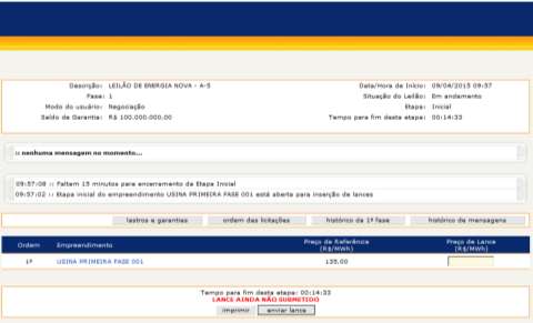 Enquanto não for inserido o lance para o empreendimento licitado, o sistema apresentará a este usuário uma mensagem de alerta LANCE AINDA NÃO SUBMETIDO, na parte inferior da tela.