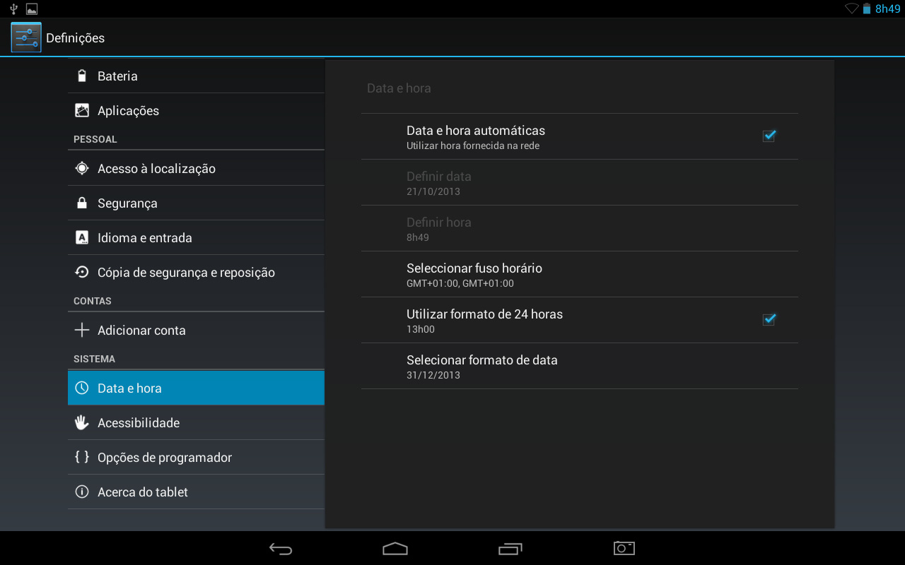 4.5 Sistema 4.5.1 Data e hora Definir a data, hora, fuso horário e formato de data. Data e hora automáticas: Utilizar a hora da rede.