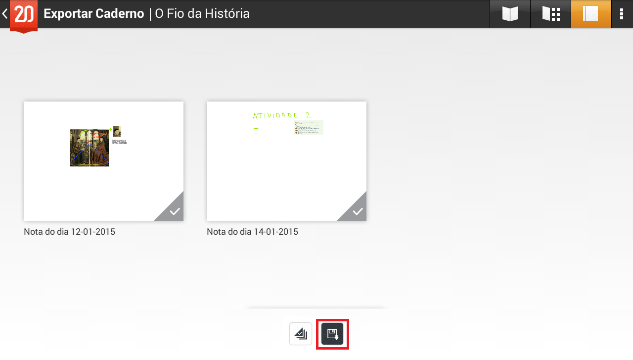 4. Tocar em para confirmar a exportação das páginas do Caderno;