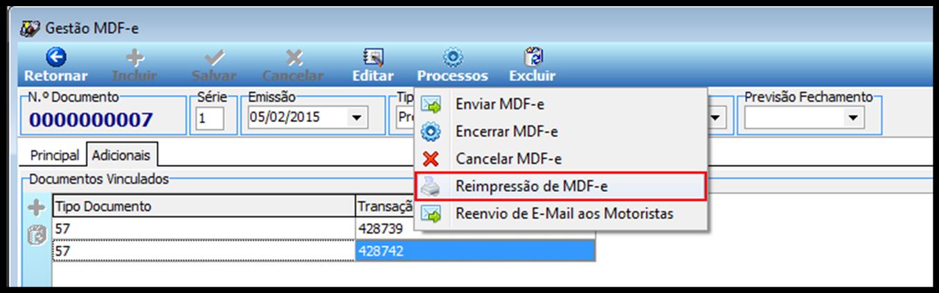 Figura 45 Editar MDF-e. Para imprimir o DAMDF-e, utilizar a opção Reimpressão de MDF-e em Processos, Figura 46. Figura 46 Reimpressão de MDF-e.
