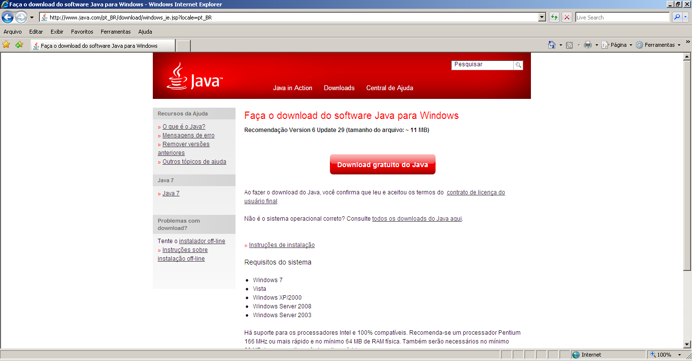b) Após a página Faça o download do software Java para Windows ser carregada, clique novamente sobre