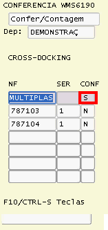 Como utilizer o cross-docking WMS Logix Após finalizar a conferência de uma nota fiscal o programa retornará para a tela anterior, onde o indicador de conferência será atualizado para S : Se o