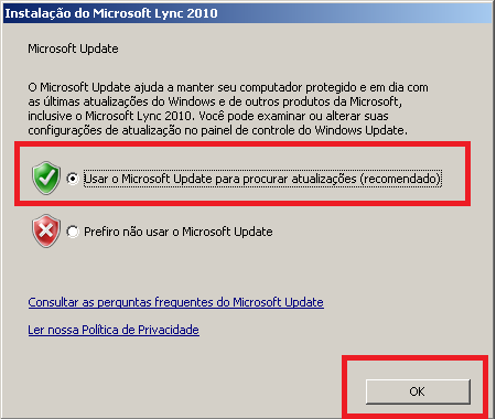 1.5 - Marque a opção Usar o Microsoft Update para