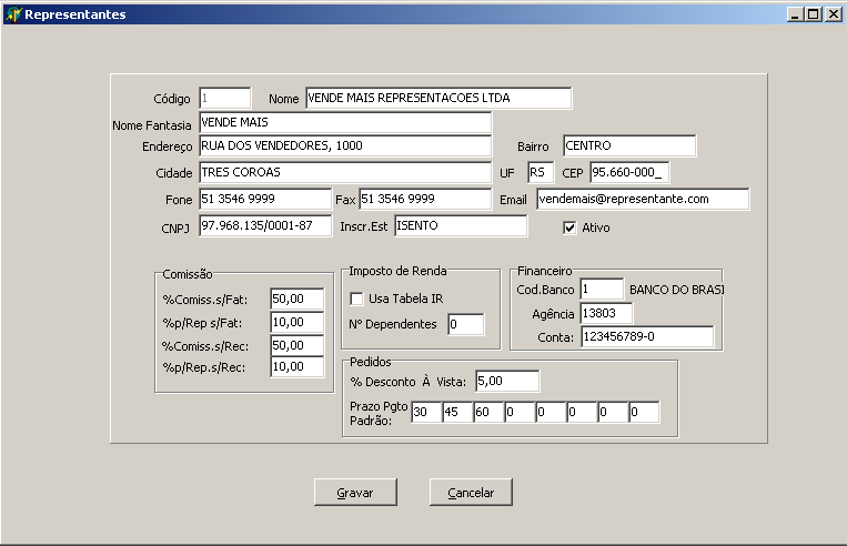 Módulo Cadastros: Representantes: Inclusão, alteração e exclusão de representantes. Dados gerais do representante. Comissão: %Comiss.s/Fat: Percentual da base de cálculo para pagto.