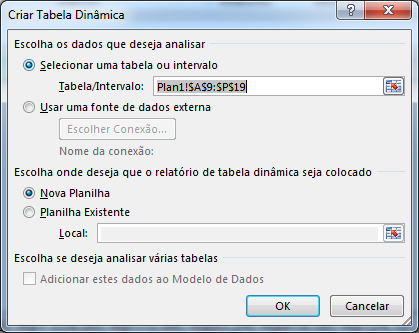 Um exemplo de Tabela Dinâmica simples. Os dados de origem estão na lista à esquerda.