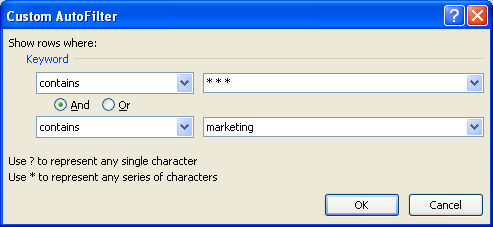 Passo 10: Aplique dois filtros, um com * * * para informar que desejamos apenas keywords com mais de 3 palavras (Long Tails) e outro com a palavra marketing que servirá para filtrar conteúdos