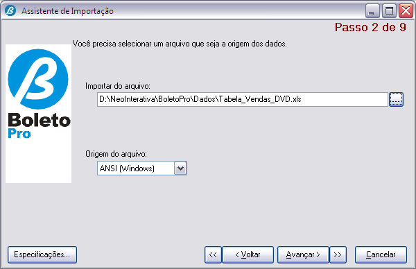 Assistente de Importação [Passo 2 de 9], no campo 'Importar do Arquivo', clique no botão '.