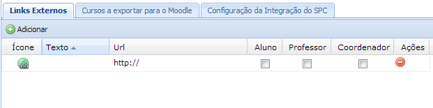 7 Integrações Figura 55 - Integrações 7.1 Links Externos Adicionar links externos: permite disponibilizar links externos que serão exibidos no menu Links dos portais do aluno/professor/coordenador.