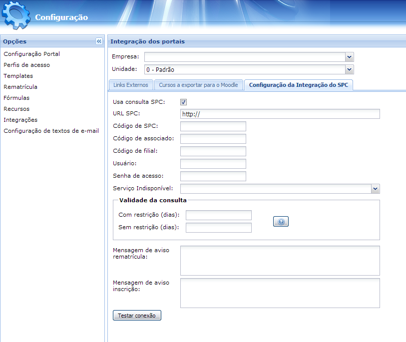 7.3 Configuração da Integração do SPC Figura 56 - Integrações / Configuração Nas configurações do portal, na opção Integrações, aba Configuração da Integração do SPC, é possível configurar a