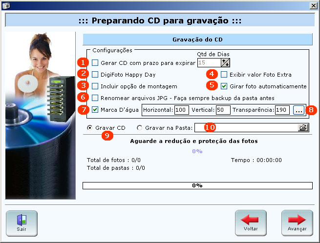 Criar CD 9) Informe as músicas (mp3) de fundo que deseja inserir no CD. Esta opção permite inserir quantas músicas quiser. 9.1) Para retirar uma música basta clicar sobre ela e pressionar o botão delete.