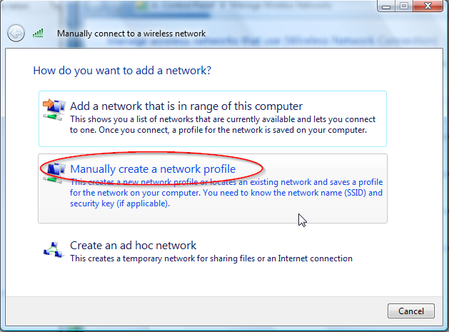 4. Na tela que abrir, clique sobre Criar um perfil de rede manualmente (Manually