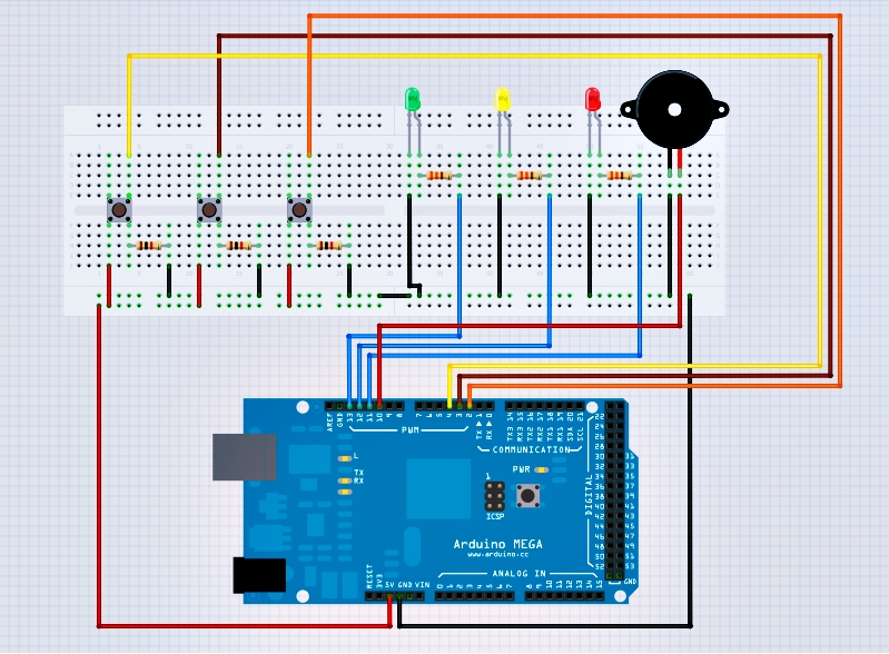 Sugestão de montagem Conecte cada um dos botões nas portas 2, 3 e 4. Conecte o Buzzer na porta 10 e cada um dos LEDs, nas portas 11, 12 e 13.