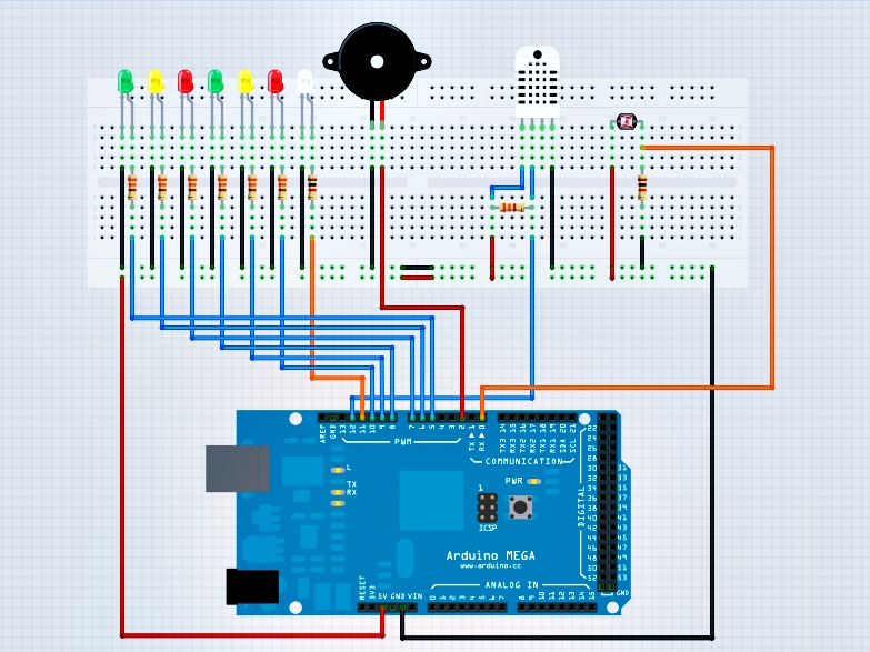 Sugestão de montagem Conecte os LEDs nos pinos de 5 à 11, o Buzzer no pino 2, o sensor de temperatura DHT11 no pino 12 e o sensor de luminosidade na porta 0.